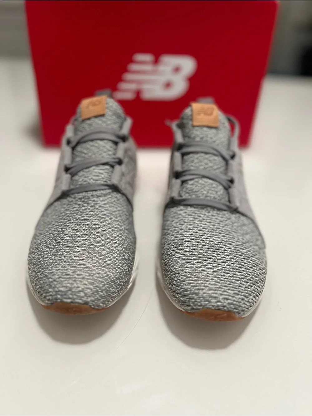 New Balance Men’s Grey Knit Sneakers with Tan Accent